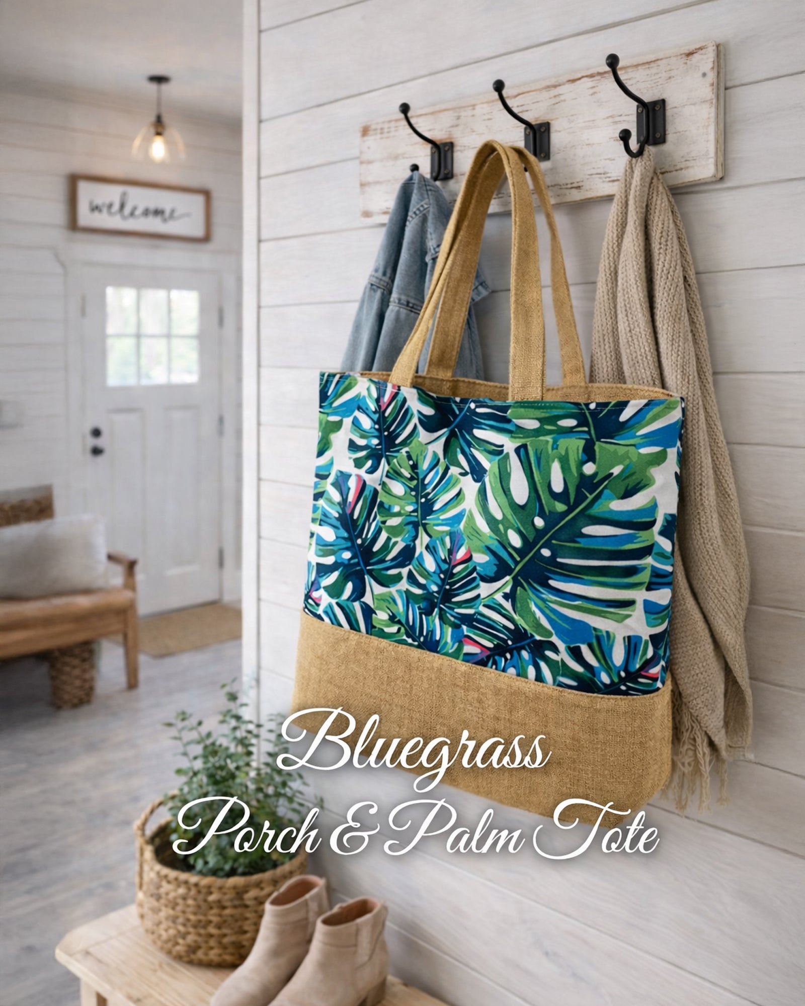 Bluegrass Porch & Palm Tote Bag hanging in a farmhouse entryway with blue and green leaf print