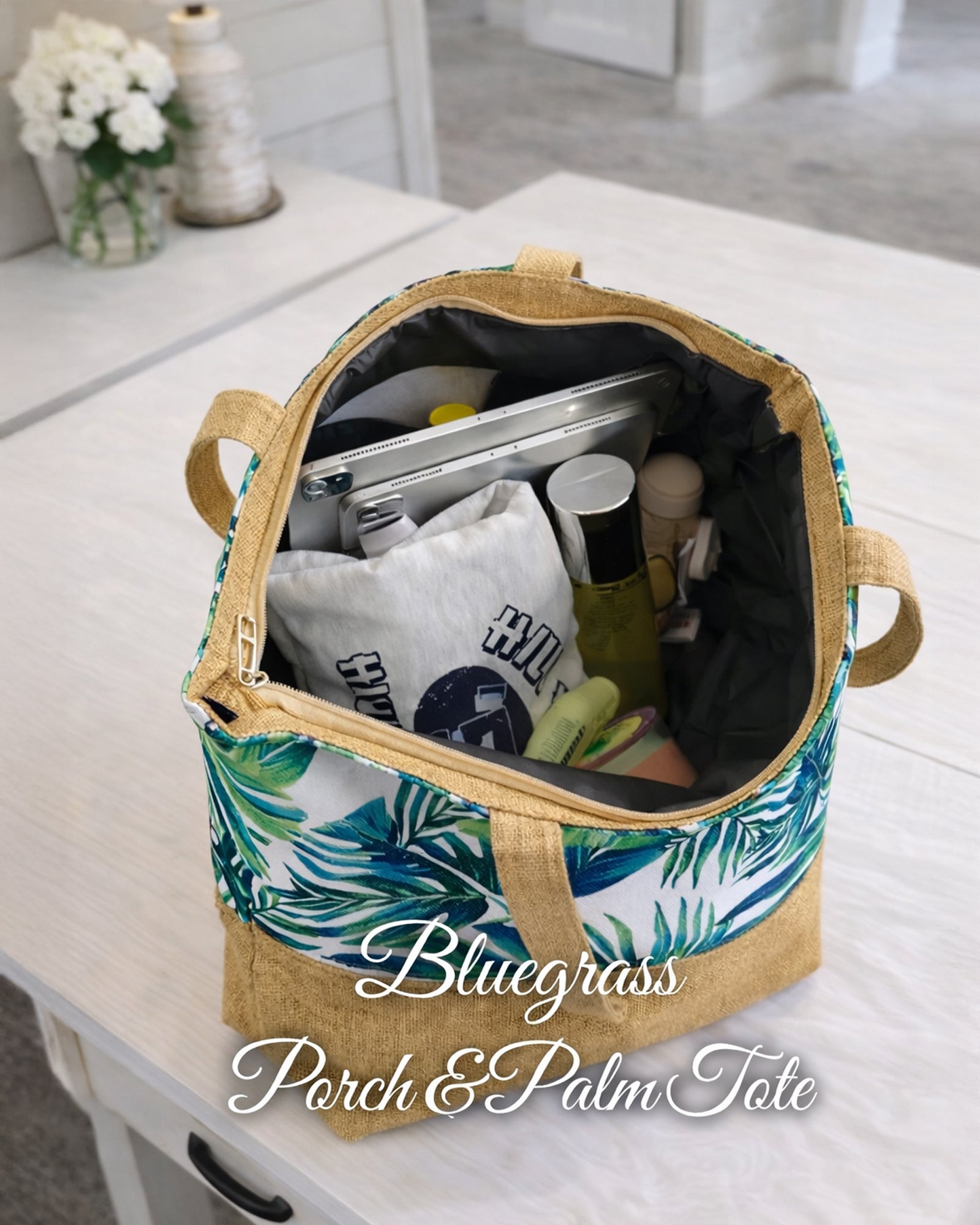 Open Bluegrass Porch & Palm Tote Bag showing roomy zip-top interior and everyday carry capacity