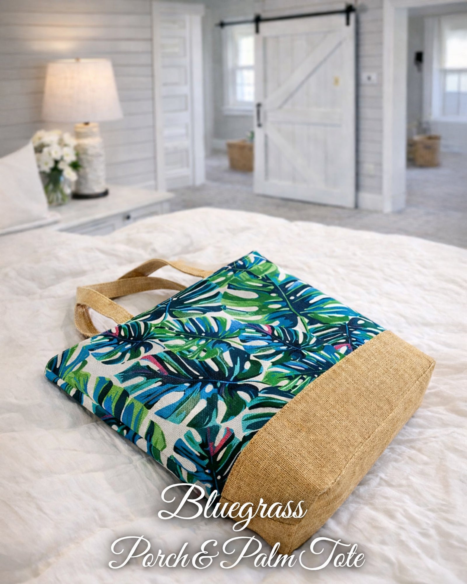 Bluegrass Porch & Palm Tote Bag lying flat showing structured base and botanical print detail