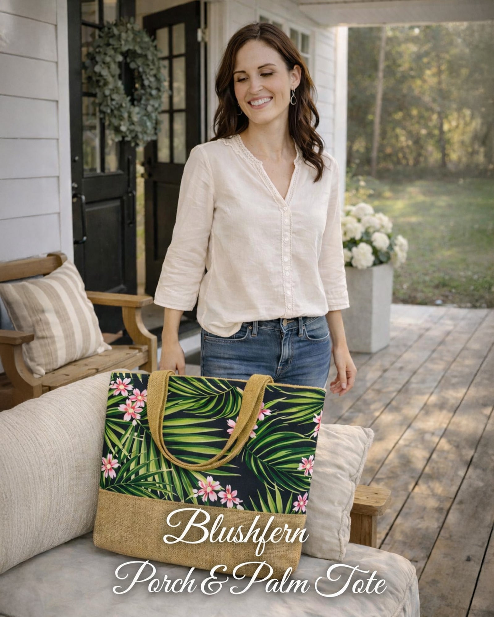 Woman standing on porch beside Blushfern Porch & Palm Tote Bag with green palm leaves and soft pink floral print