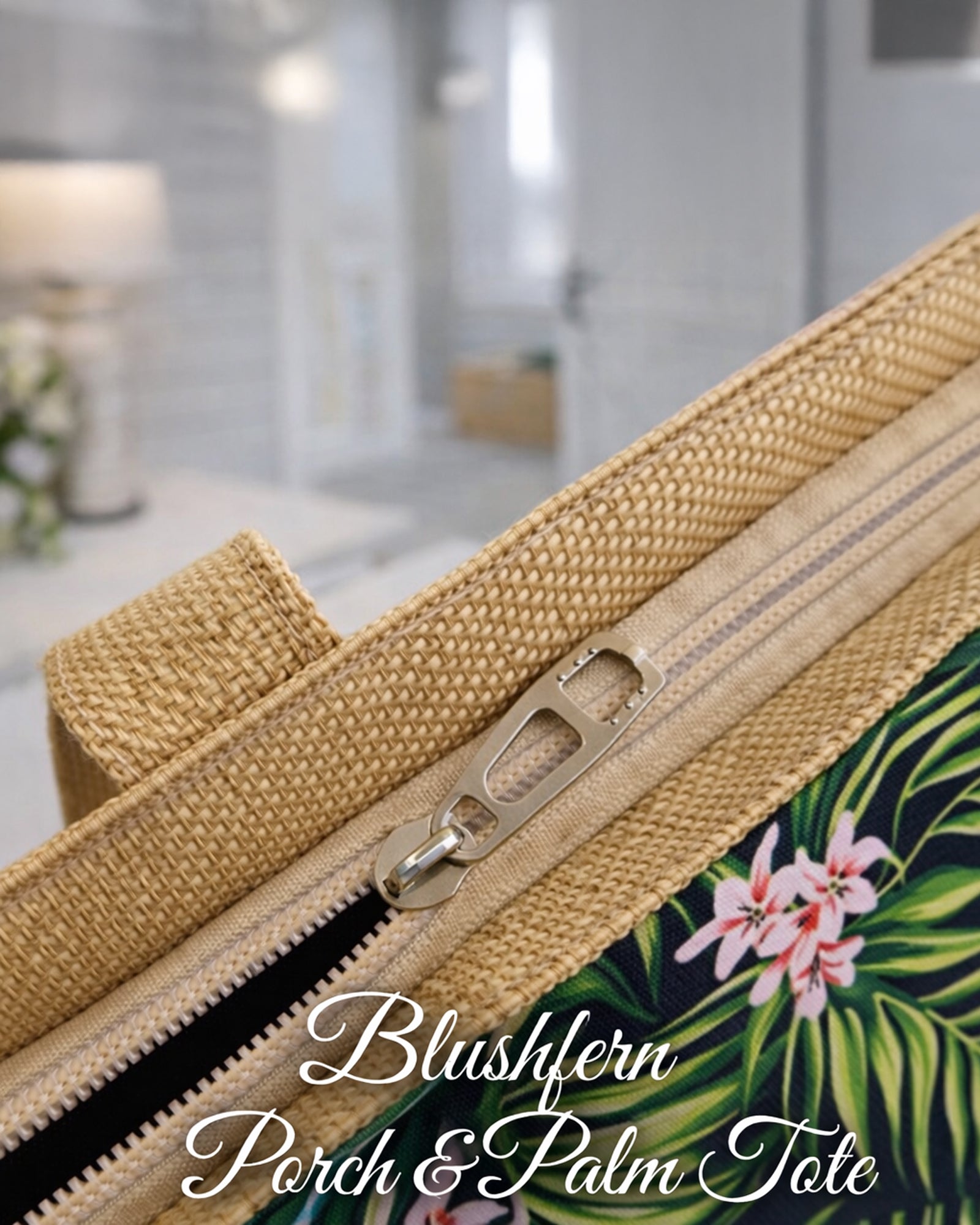 Close-up of Blushfern Porch & Palm Tote Bag zip-top closure and woven-look strap detail