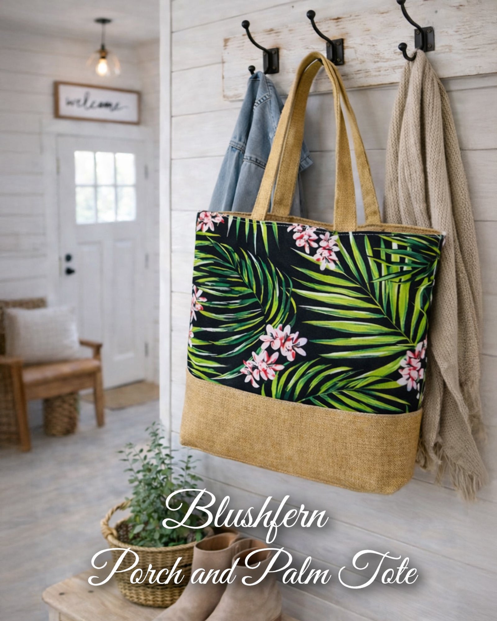 Blushfern Porch & Palm Tote Bag hanging in a farmhouse entryway with green leaf and pink floral print