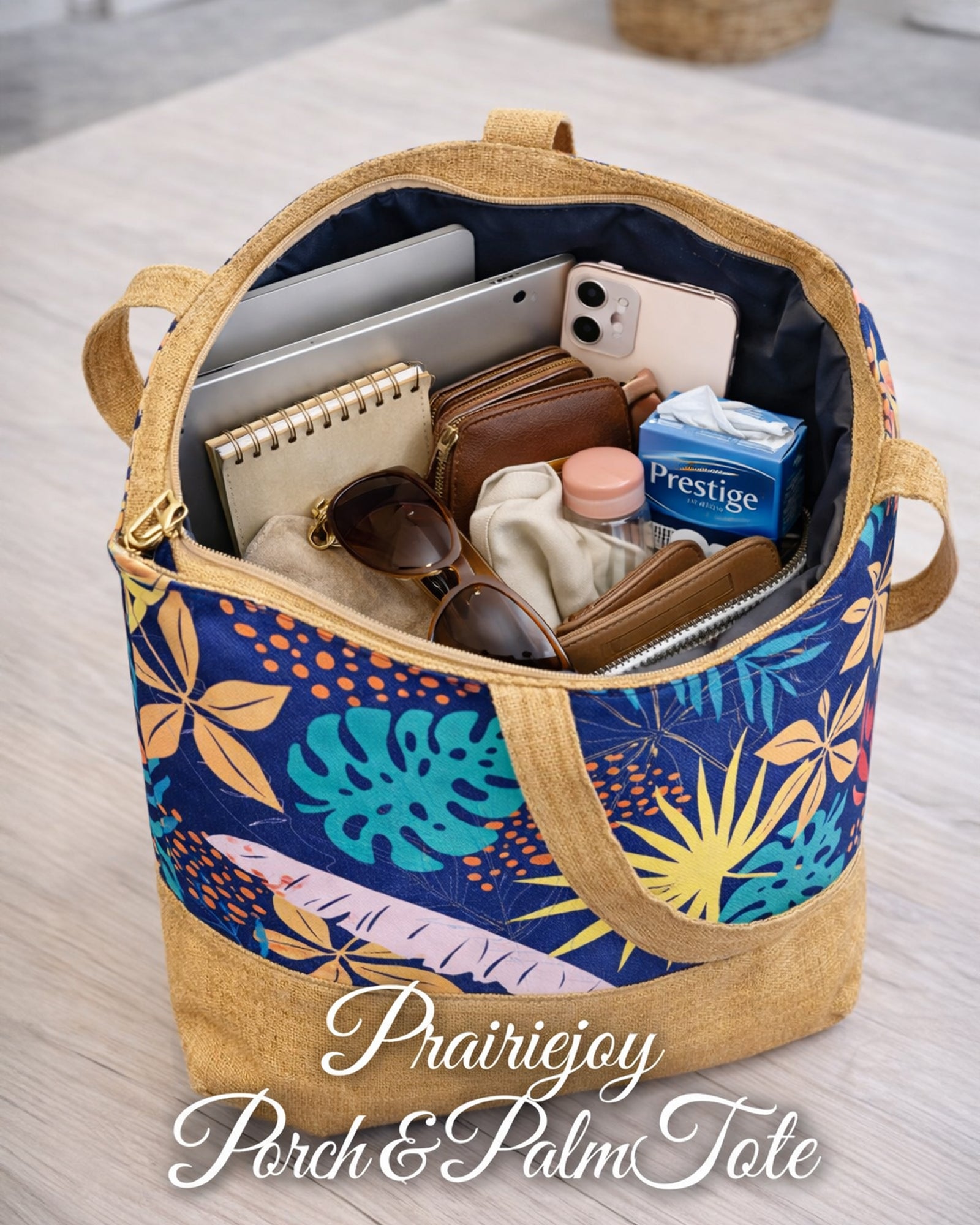 Open Prairiejoy Porch & Palm Tote Bag showing roomy zip-top interior and everyday carry capacity