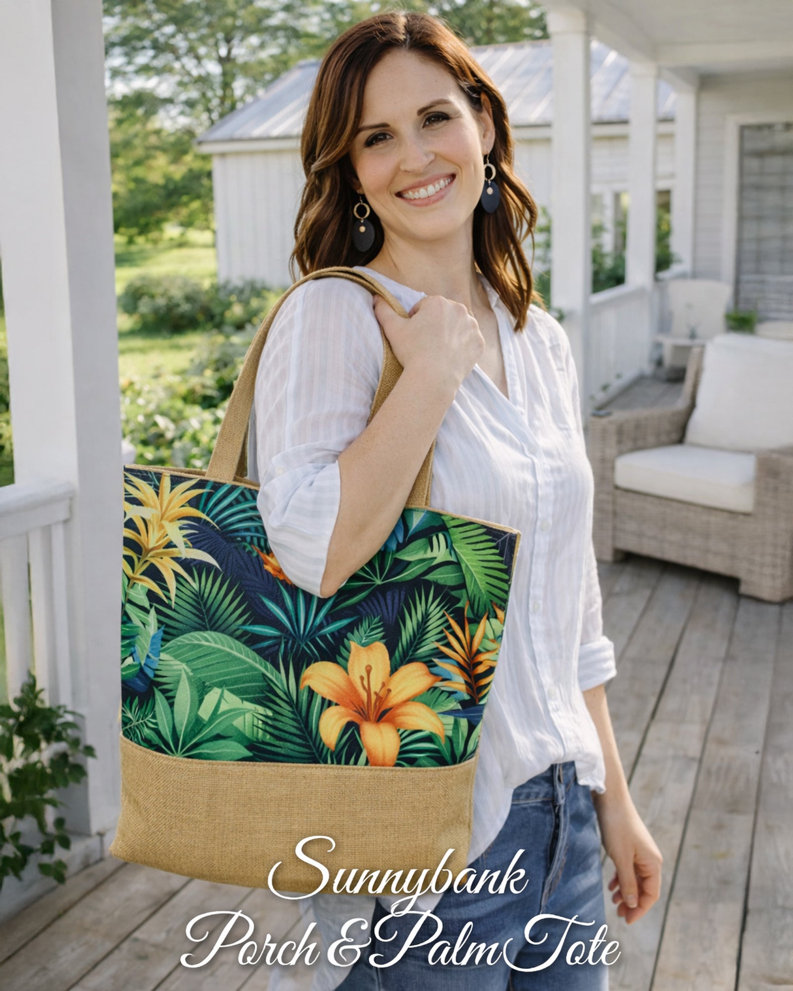 Woman carrying Sunnybank Porch & Palm Tote Bag on a farmhouse porch
