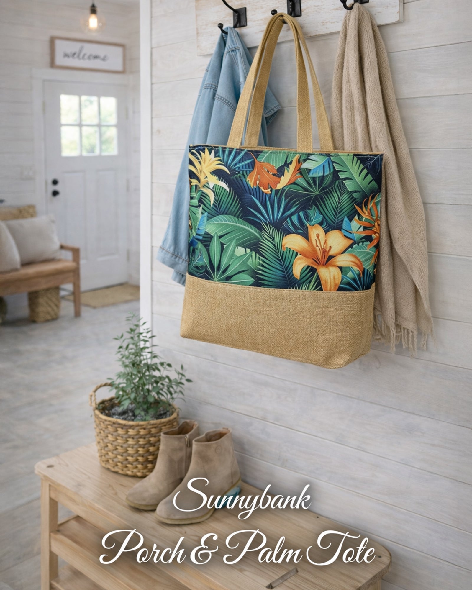 Sunnybank Porch & Palm Tote Bag hanging in a farmhouse entryway with tropical leaves and golden floral print