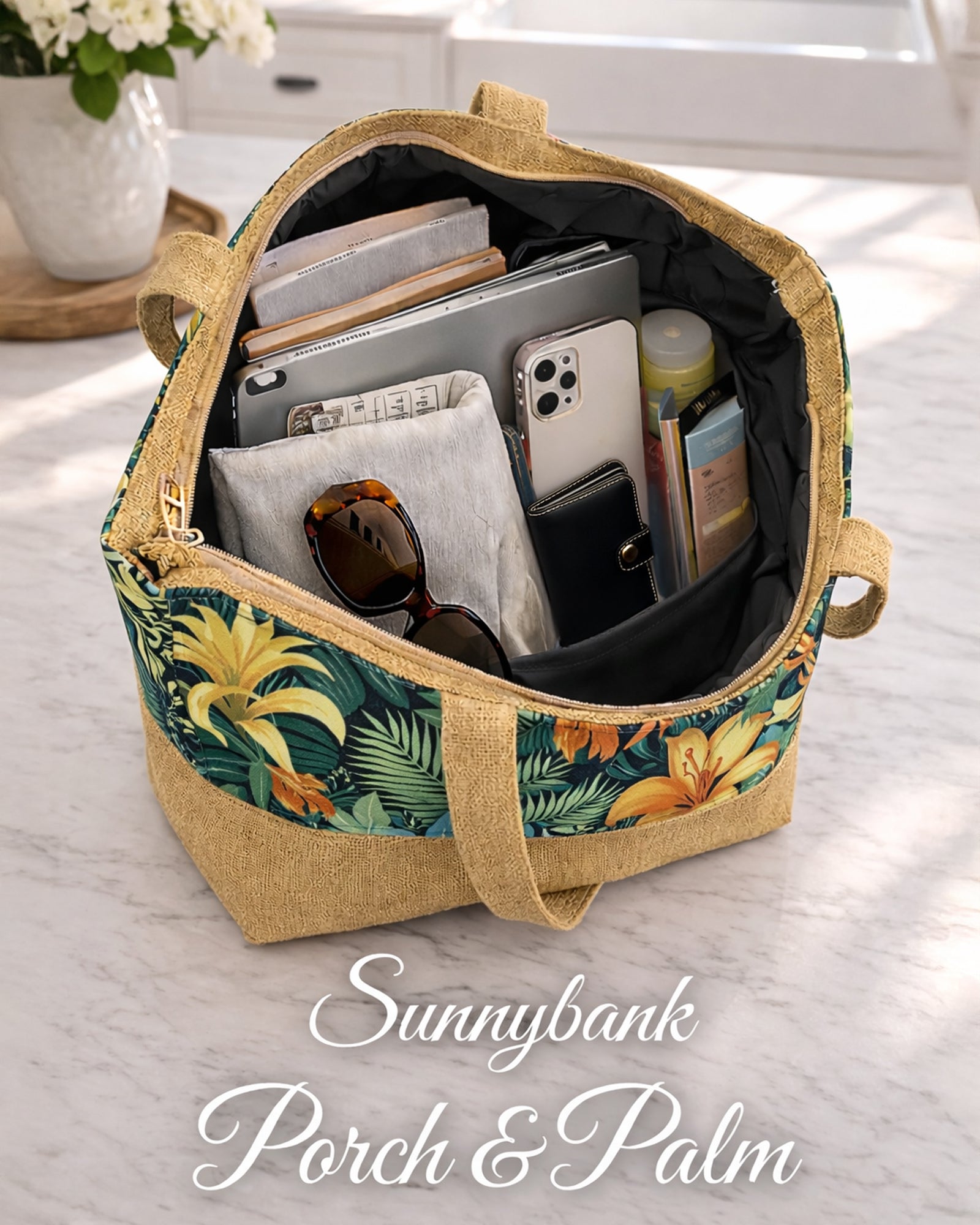 Open Sunnybank Porch & Palm Tote Bag showing roomy zip-top interior and everyday carry capacity